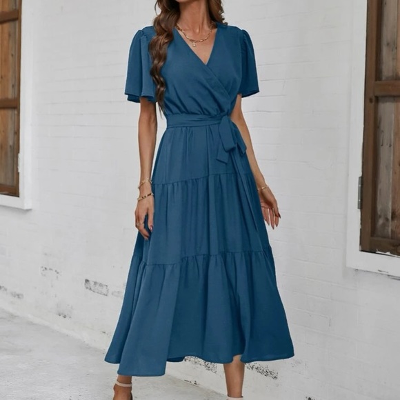 Boho butterfly sleeve ruffle hem belted dress - Picture 16 of 16